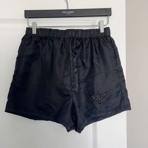 Authentic 21SS Prada Women Re Nylon Crystal Logo Patch Elastic Waistband Shorts